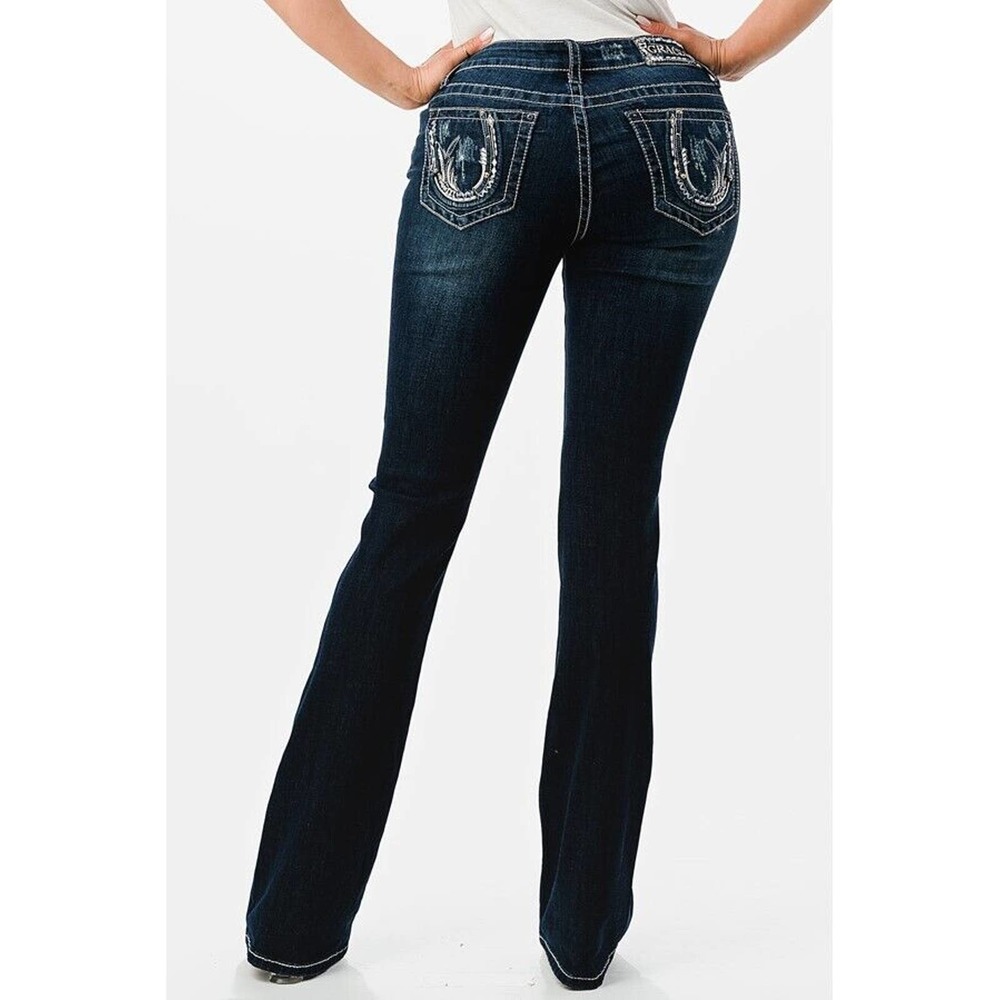 Grace in LA Womens Horseshoe Embroidered Distressed Pocket Bootcut Stretch Jeans - Picture 3 of 3